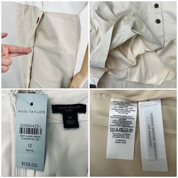 Ann Taylor US 12 Petite Cream LINEN Blend Short Sleeve Sheath Midi Dress NWT - Picture 10 of 10